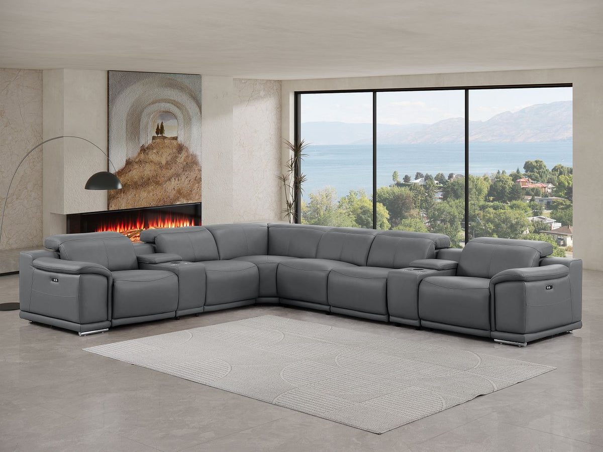 2679 8-Piece L-Shaped Power Reclining Sectional Sofa in Genuine Leather - 4 Recliners - Dark Grey - SKU 2679-DK-GRAY-8PC-4PWR-L-SECT