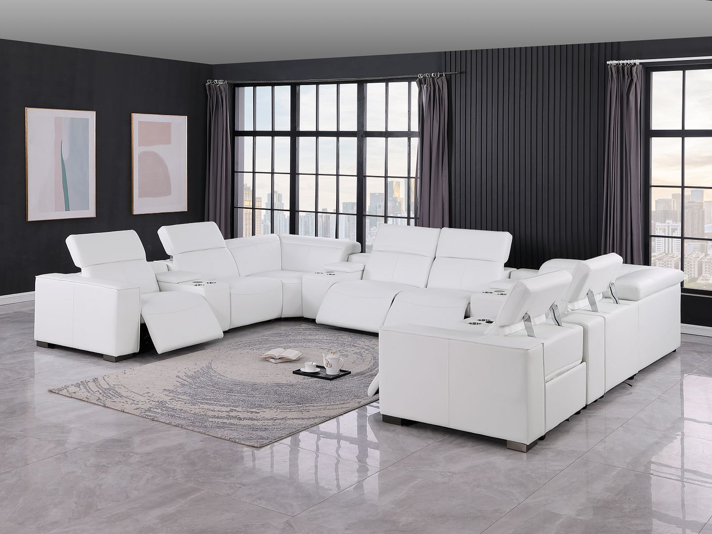 1208 12 Piece U-Shaped Leather Sectional Sofa with 4 Power Recliners & Power Headrest