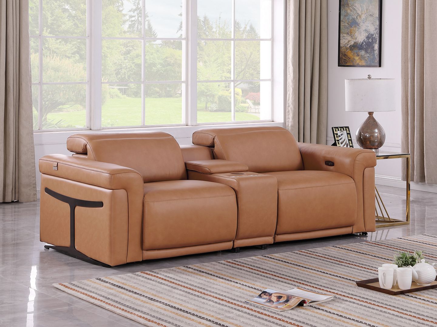 1126 Divanitalia 3-Piece Modular Power Reclining Loveseat in Top Grain Italian Leather with 2 Power Recliners & Power Headrests - Cognac