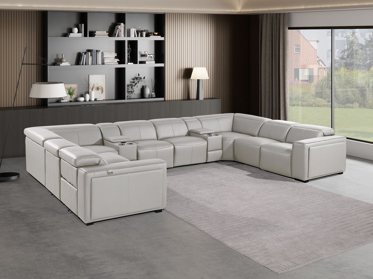 1224 Divanitalia 10-Piece U-Shaped Sectional Sofa in Top Grain Italian Leather with 4 Power Recliners & Power Headrests - Light Grey