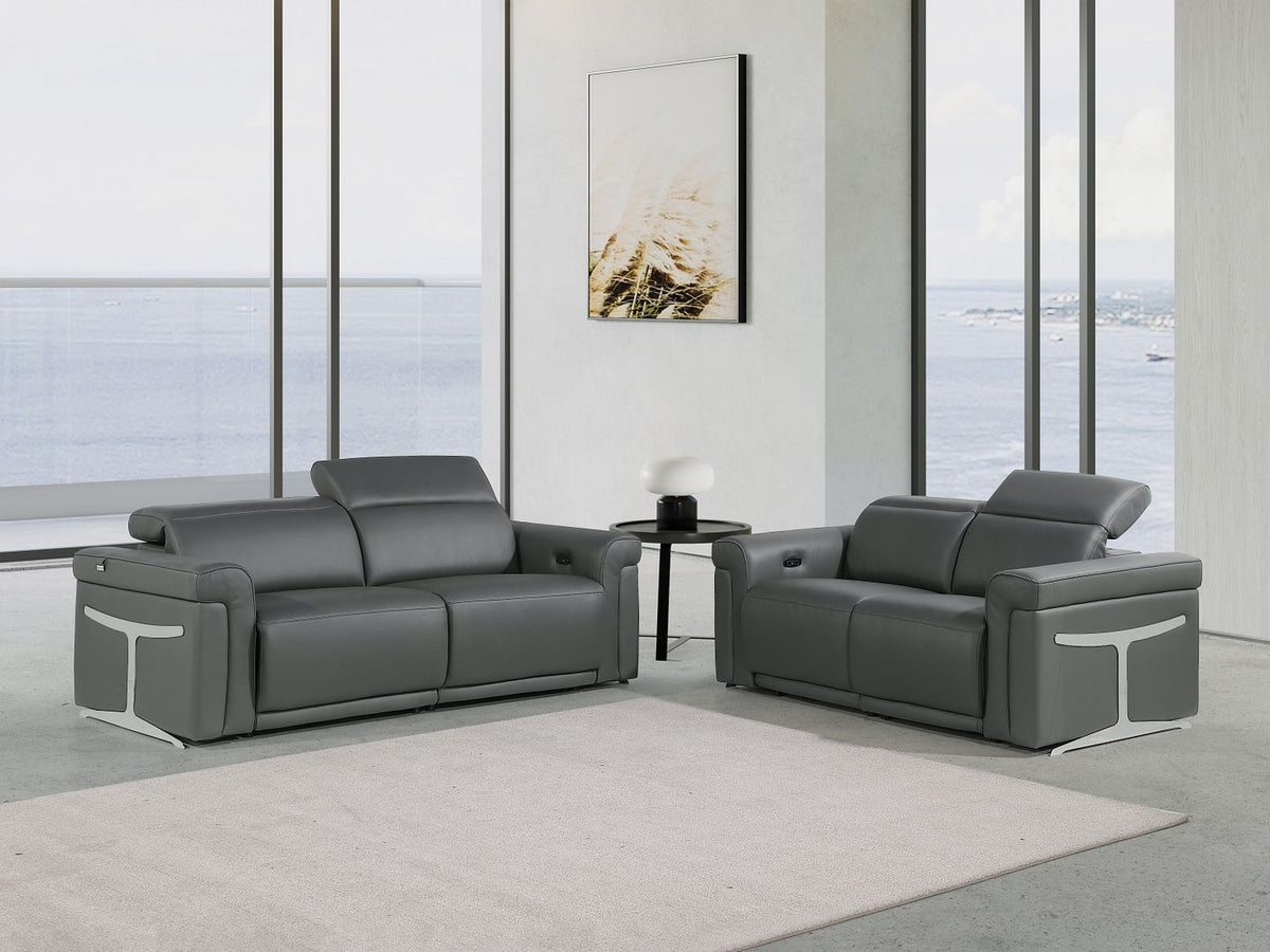 1126 Divanitalia Power Reclining Sofa and Loveseat Set in Top Grain Italian Leather with 4 Power Recliners & Power Headrests - Dark Grey - SKU 1126-DARK GREY-2PC