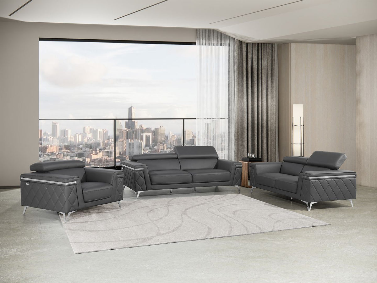 1140 Divanitalia 3-Piece Sofa Set with Adjustable Headrest in Top-grain Italian Leather - Dark Grey - SKU 1140-DK-GREY-3PC