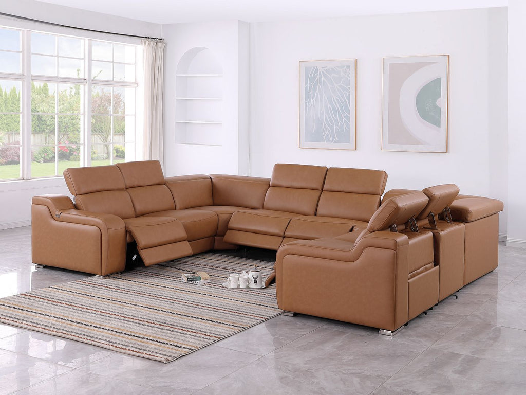 1116 Divanitalia 8-Piece U-Shaped Sectional Sofa in Top Grain Italian Leather with 4 Power Recliners & Power Headrests - Cognac - SKU 1116-COGNAC-8PC-4PWR-U-NC-SECTIONAL-GROUP - view 2