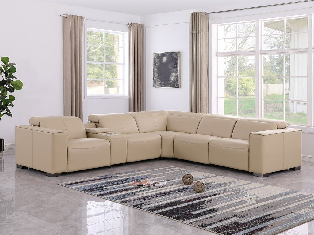 1208 6-Piece L-Shaped Leather Reclining Sectional Sofa with 3 Power Recliners - Beige