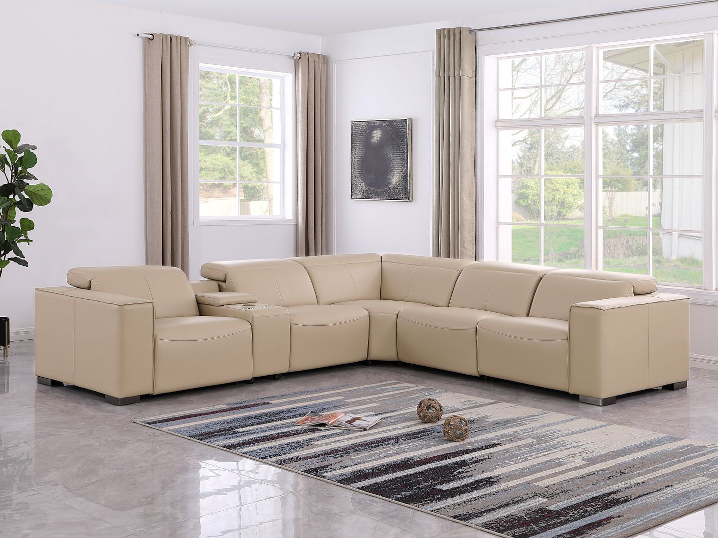 1208 6-Piece L-Shaped Leather Reclining Sectional Sofa with 3 Power Recliners - Beige