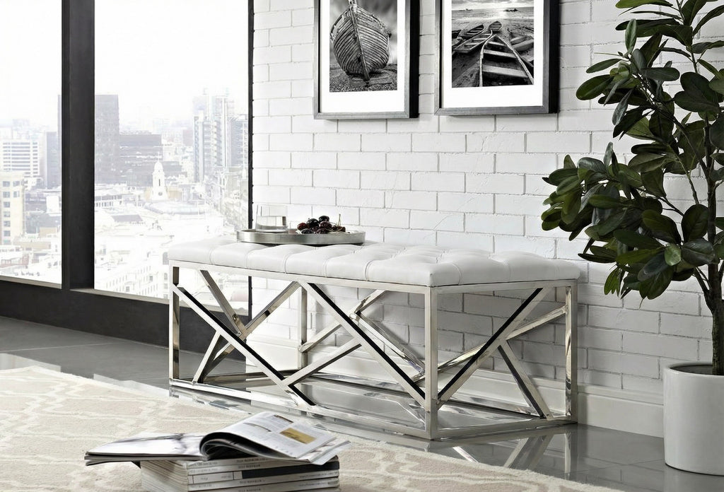 Lindsey Modern White Leatherette & Stainless Steel Bench