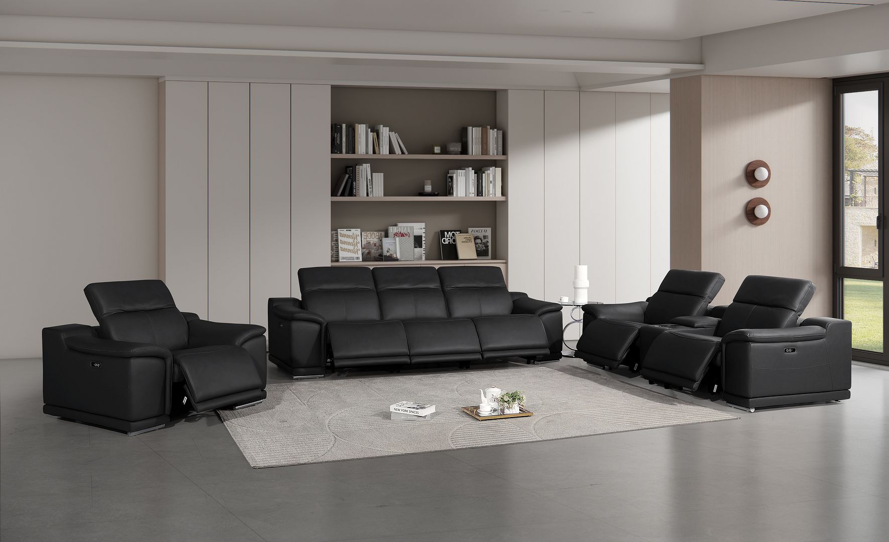 2679 Power Reclining Sofa, Console Loveseat & Chair Set in Genuine Leather - 6 Recliners - Black
