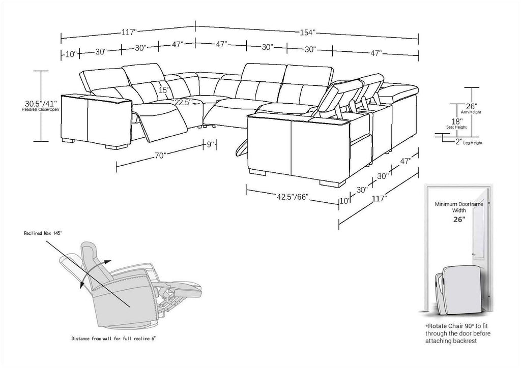 1208 8 Piece U-Shaped Leather Sectional Sofa with 4 Power Recliners & Power Headrests