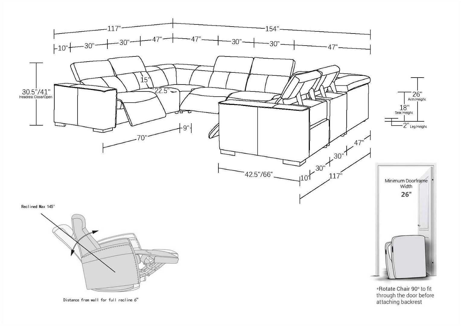1208 8 Piece U-Shaped Leather Sectional Sofa with 4 Power Recliners & Power Headrests