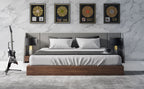 Janice - Modern Grey Fabric and Walnut Bed and Nightstands - Modern Grey Fabric and Walnut Bed and Nightstands