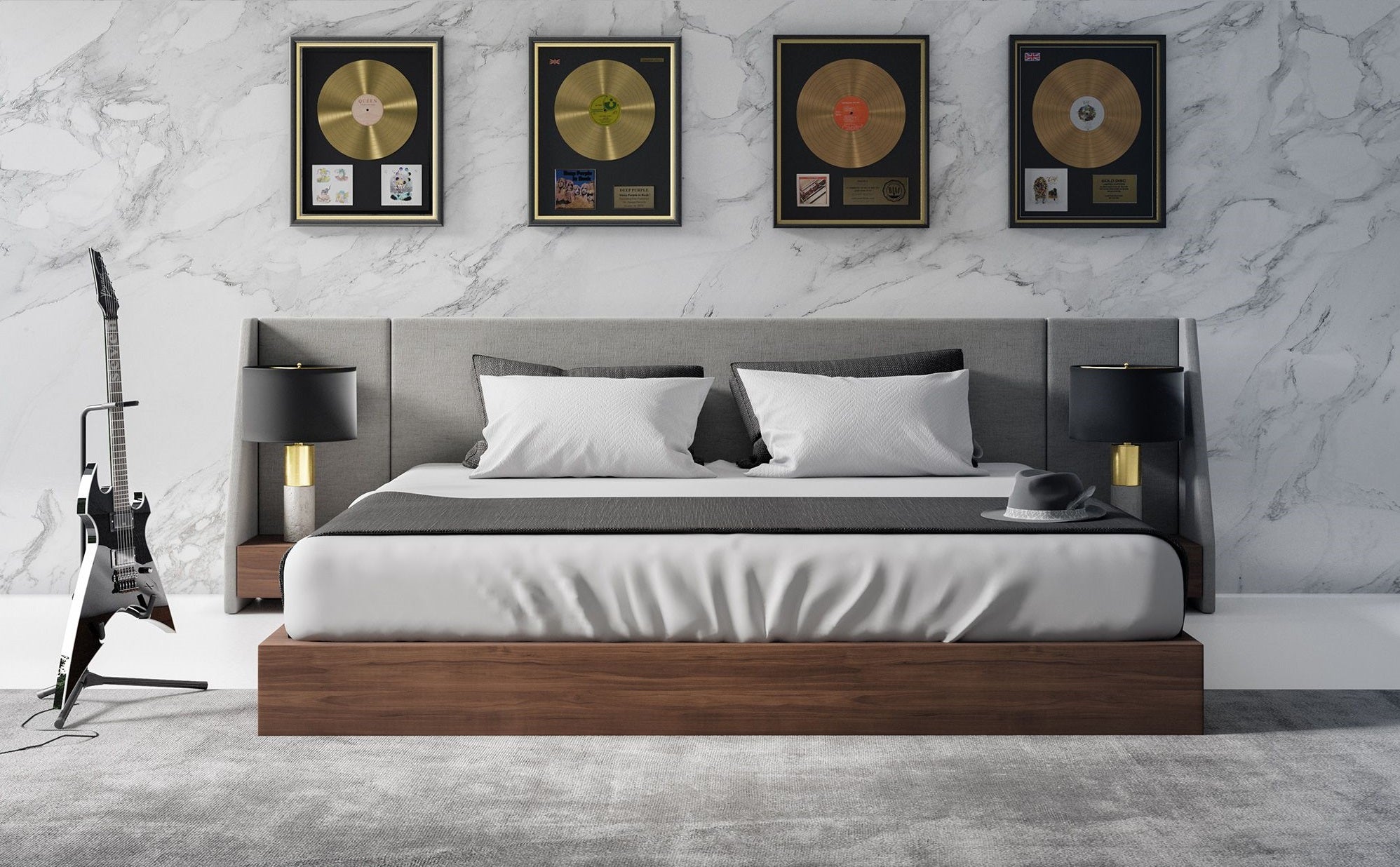 Janice - Modern Grey Fabric and Walnut Bed and Nightstands - Modern Grey Fabric and Walnut Bed and Nightstands