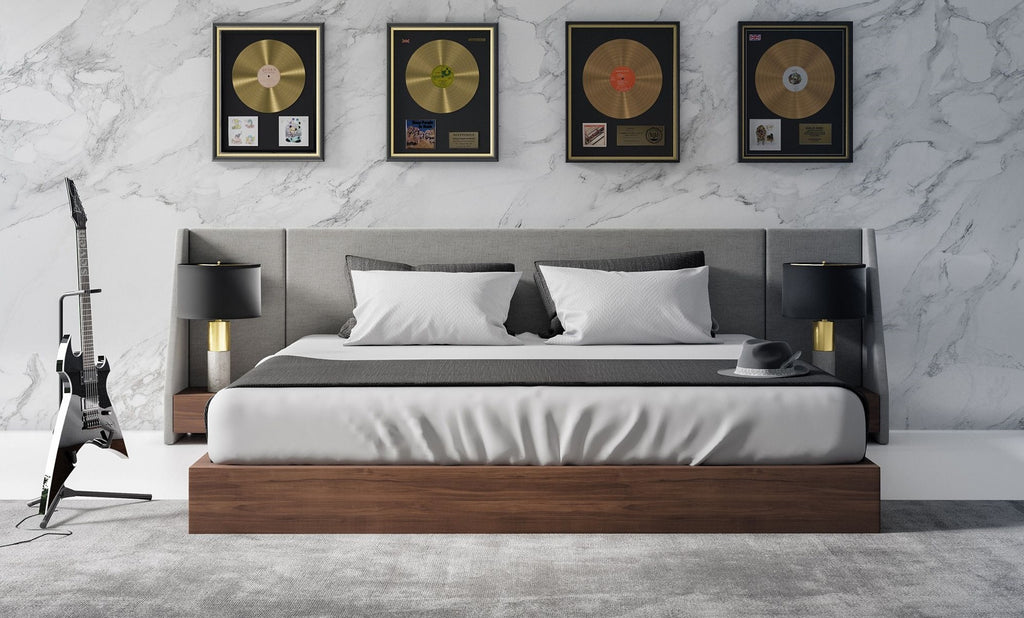 Janice - Modern Grey Fabric and Walnut Bed and Nightstands - Modern Grey Fabric and Walnut Bed and Nightstands