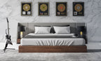 Janice - Modern Grey Fabric and Walnut Bed and Nightstands - Modern Grey Fabric and Walnut Bed and Nightstands
