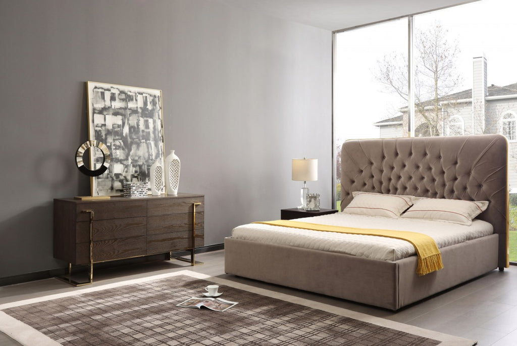 Eastern King Moontide - Glam Beige Velvet and Brushed Brass 4-Piece Bedroom Set - Glam Beige Velvet and Brushed Brass 4 - Piece Bedroom Set