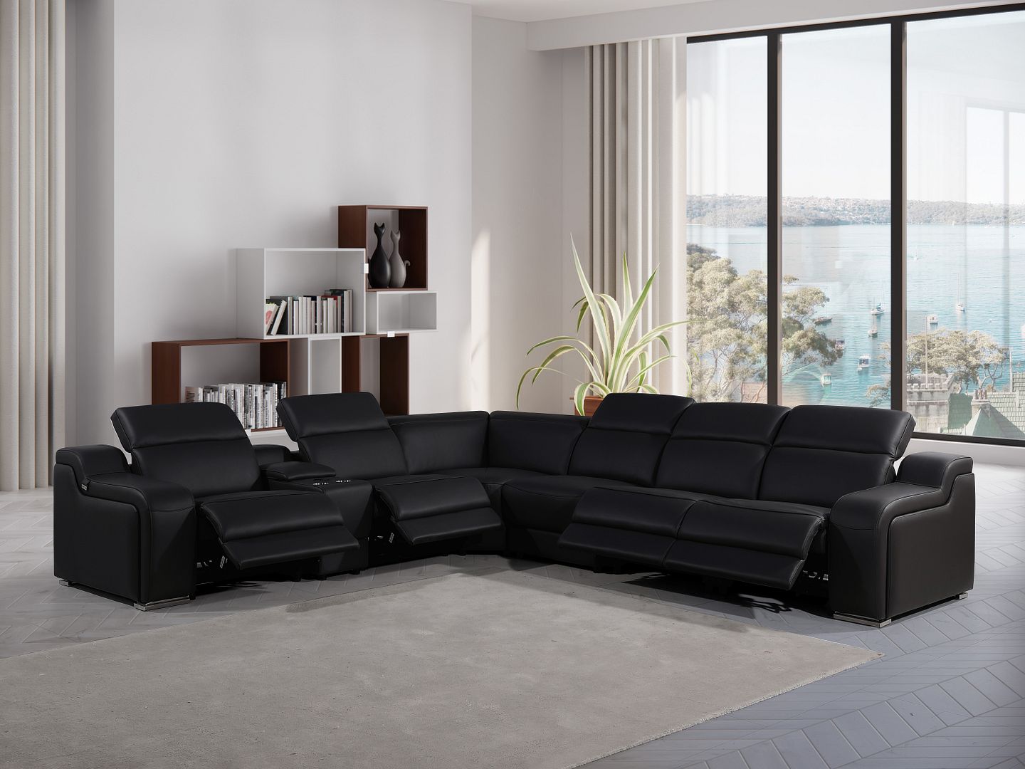 1116 Divanitalia 7-Piece L-Shaped Sectional Sofa in Top Grain Italian Leather with 4 Power Recliners & Power Headrests - Black