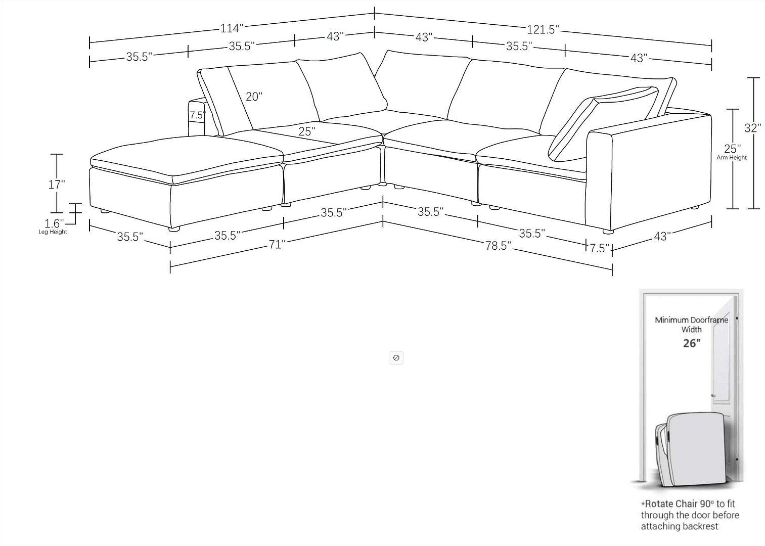 1100 Divanitalia 5-Piece Right Arm Facing 4-Seat Sectional Sofa - Top-grain Italian Leather