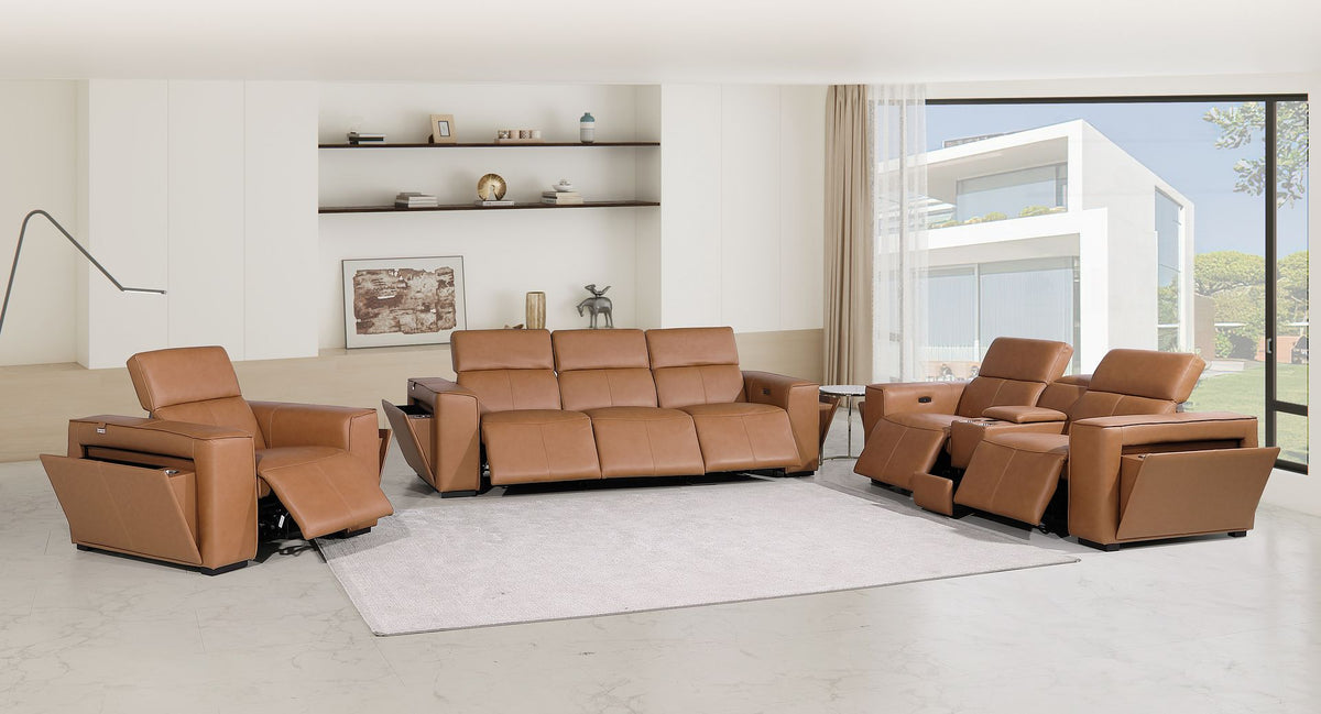 1224 Divanitalia 7-Piece Modular Power Reclining Sofa, Loveseat & Chair Set in Top Grain Italian Leather with 6 Power Recliners & Power Headrests - Cognac - SKU 1224-COGNAC-7.6-HT-3PC - view 2