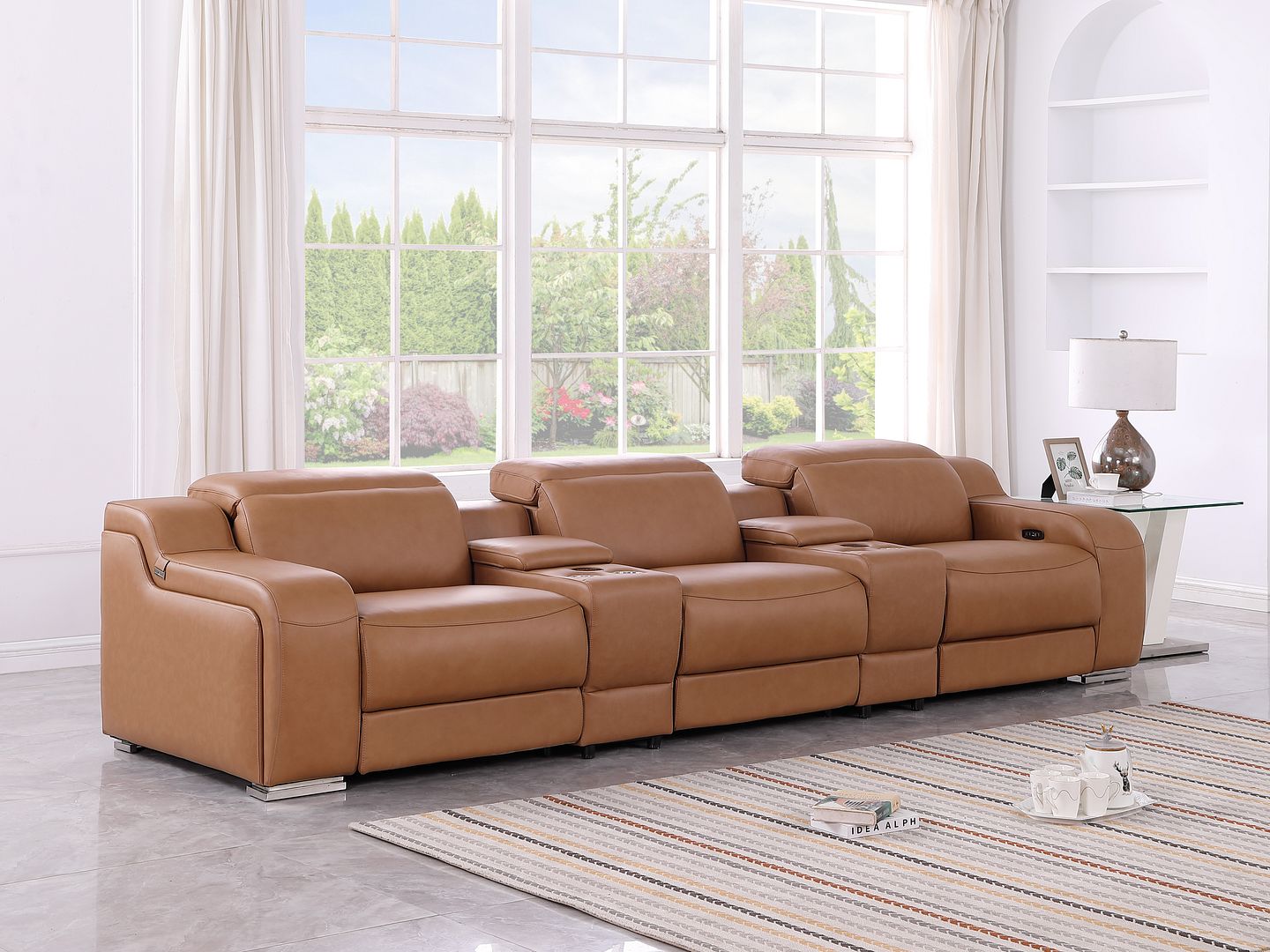 1116 Divanitalia 5-Piece Modular Power Reclining Sofa in Top Grain Italian Leather with 3 Power Recliners & Power Headrests - Cognac