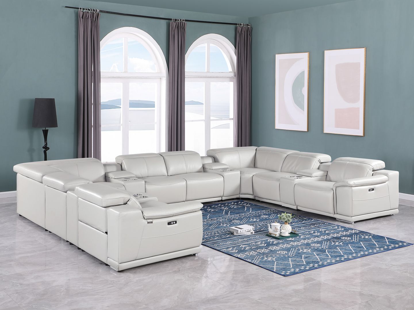 9762 Divanitalia 12-Piece U-Shaped Top Grain Italian Leather Sectional Sofa with 4 Power Recliners