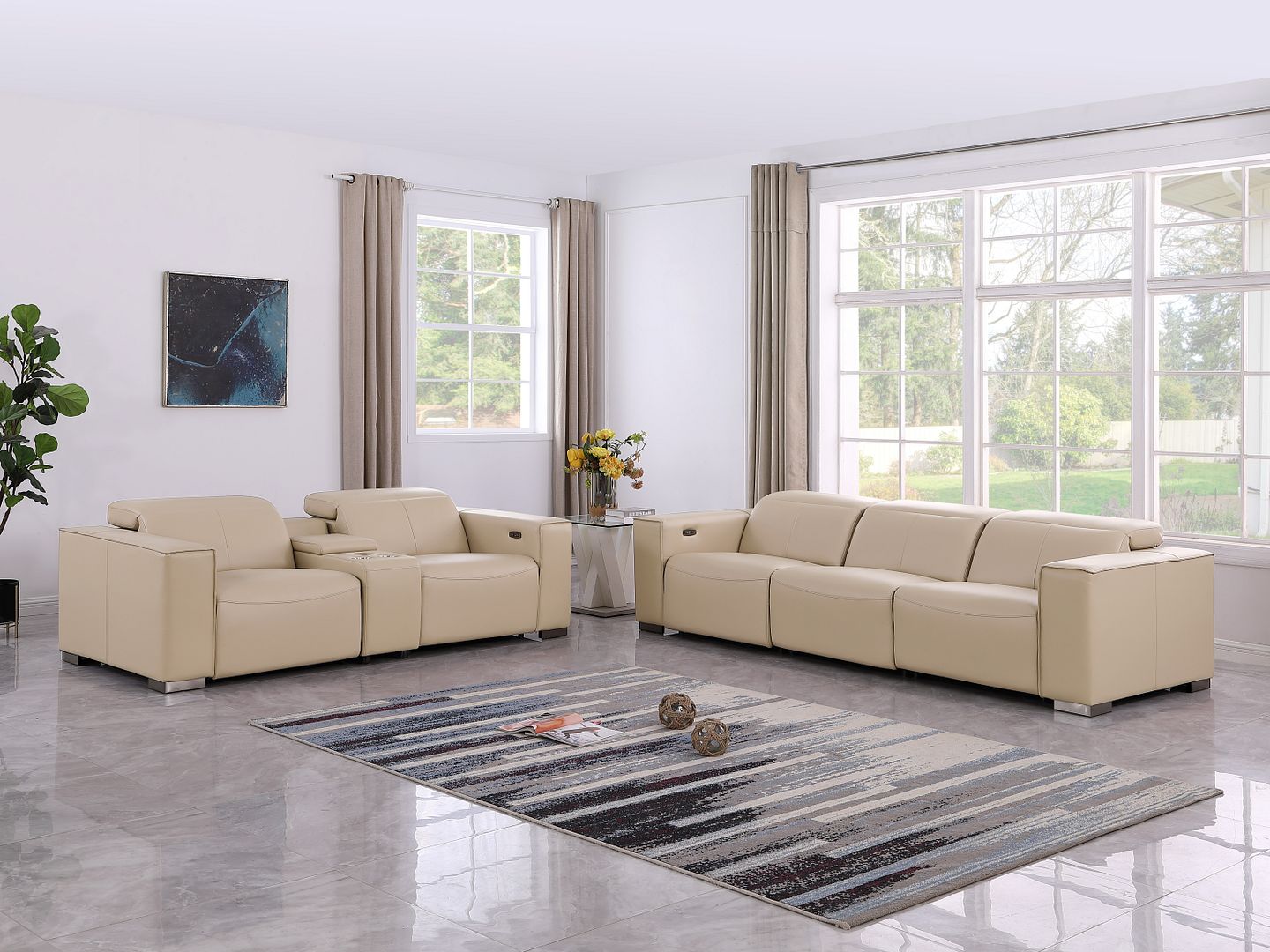 1208 Leather Reclining Set - Sofa & Loveseat with 5 Power Recliners - Beige