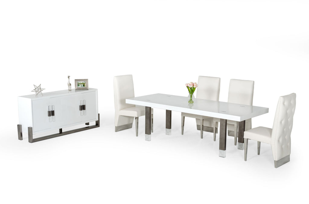 Lenny - Modern White High Gloss & Stainless Steel Gun Metal Dining Table
