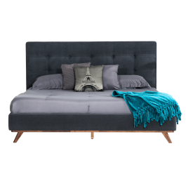 Eastern King Addison Mid-Century Modern Grey Fabric & Walnut Bed