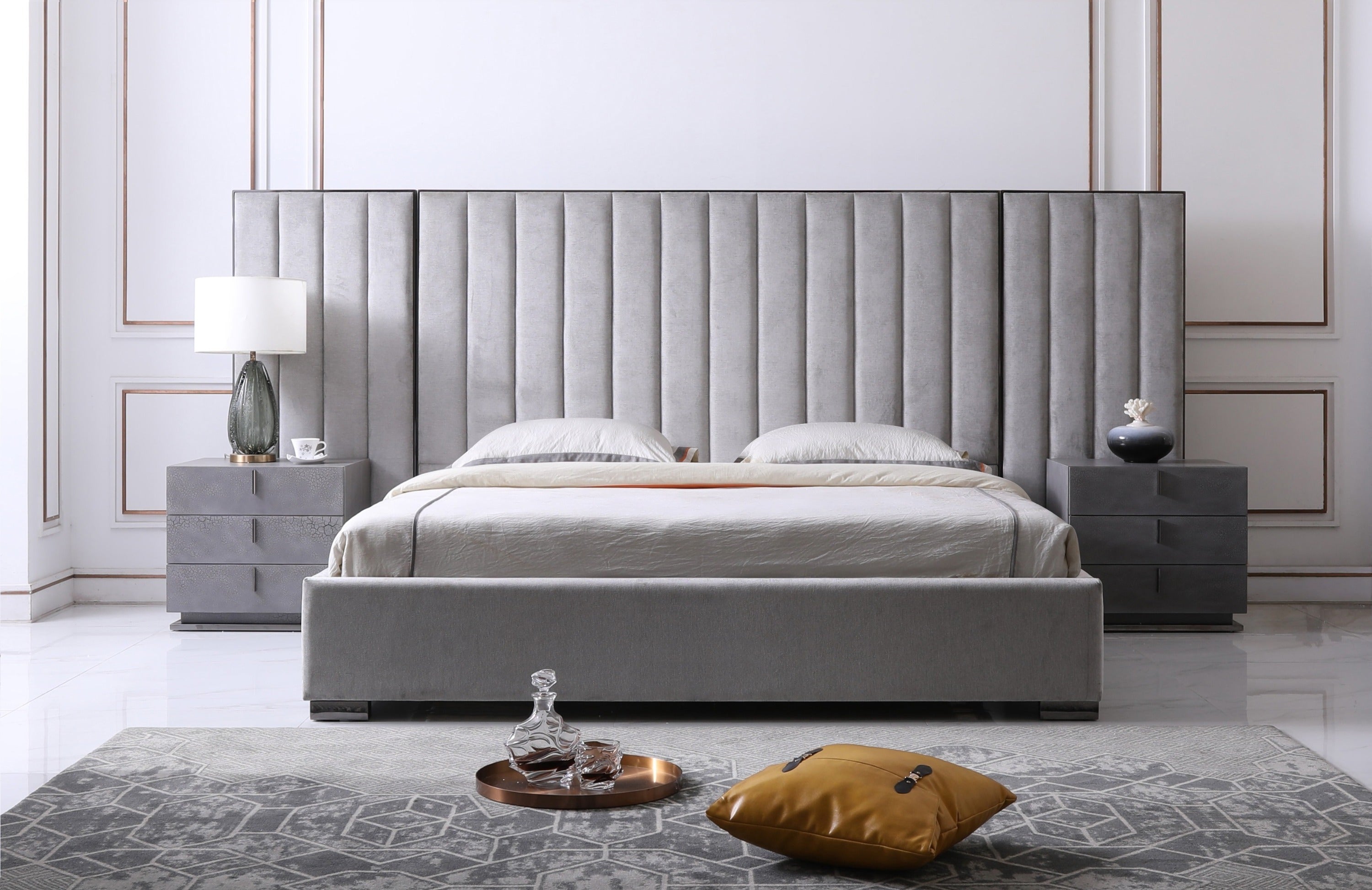 Queen Buckley - Modern Grey & Black Stainless Steel Bed with Nightstands - Modern Grey & Black Stainless Steel Bed with Nightstands