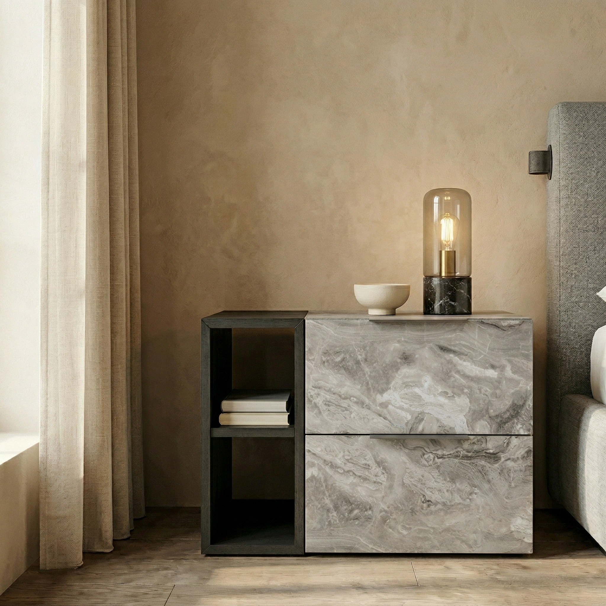 Maranello - Modern Grey Wash & Faux Marble Nightstand