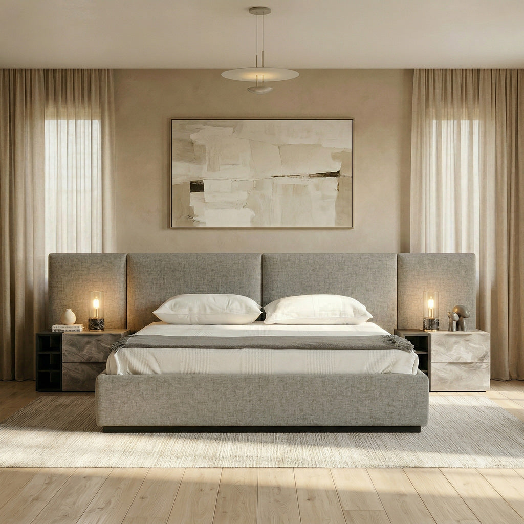 Maranello - Modern Grey Fabric Bed with Two Nightstands - Modern Grey Fabric Bed with Two Nightstands