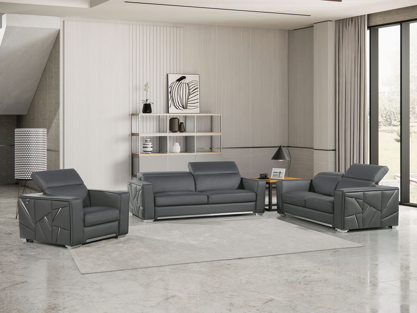 1120 Divanitalia 3-Piece Sofa Set with Adjustable Headrest in Top-grain Italian Leather - Dark Gray