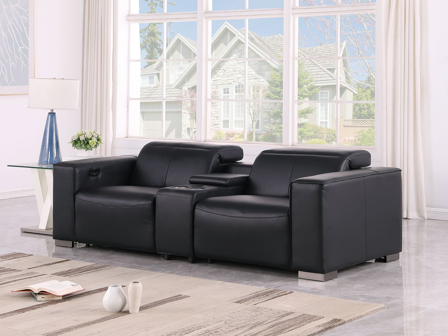 1208 Genuine Leather Dual Power Reclining Console Loveseat - Black