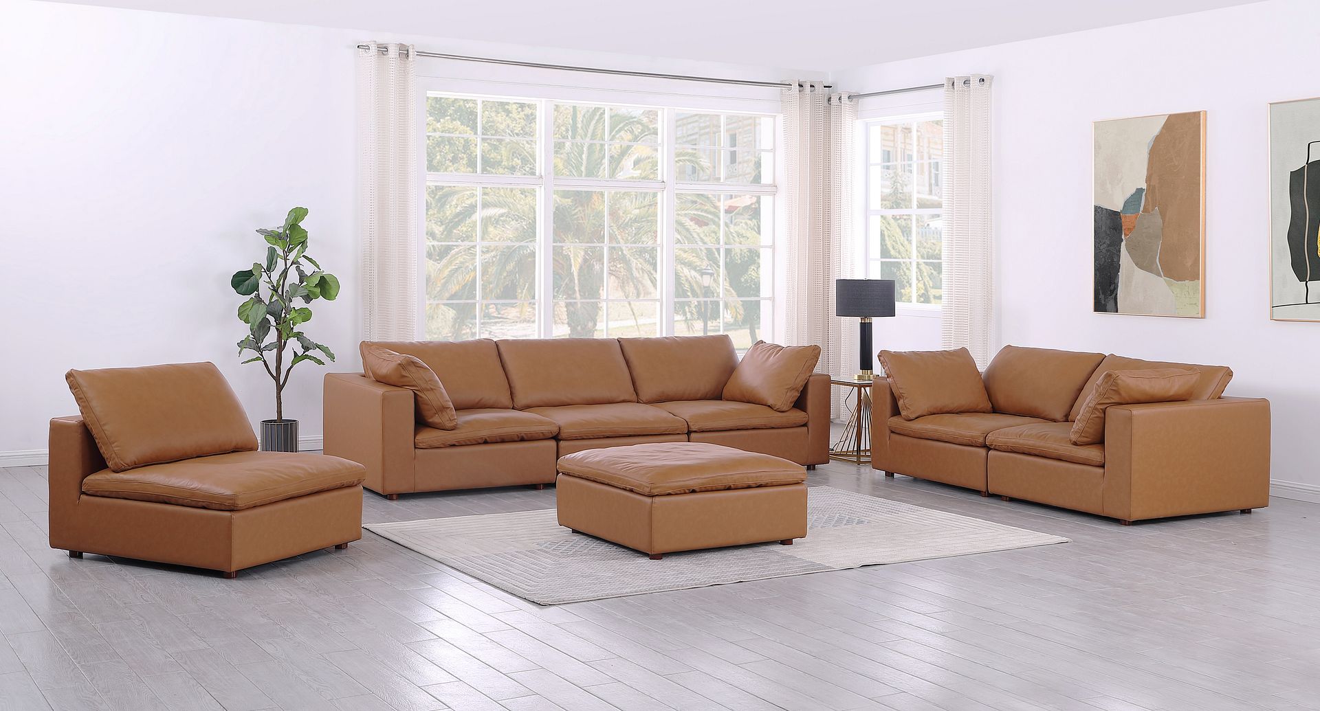 1100 Divanitalia 3-Piece Sofa Set with Ottoman - Top-grain Italian Leather - Cognac