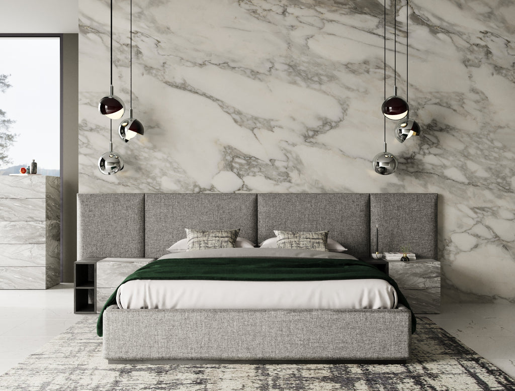 Maranello - Modern Grey Fabric Bed with Two Nightstands - Modern Grey Fabric Bed with Two Nightstands