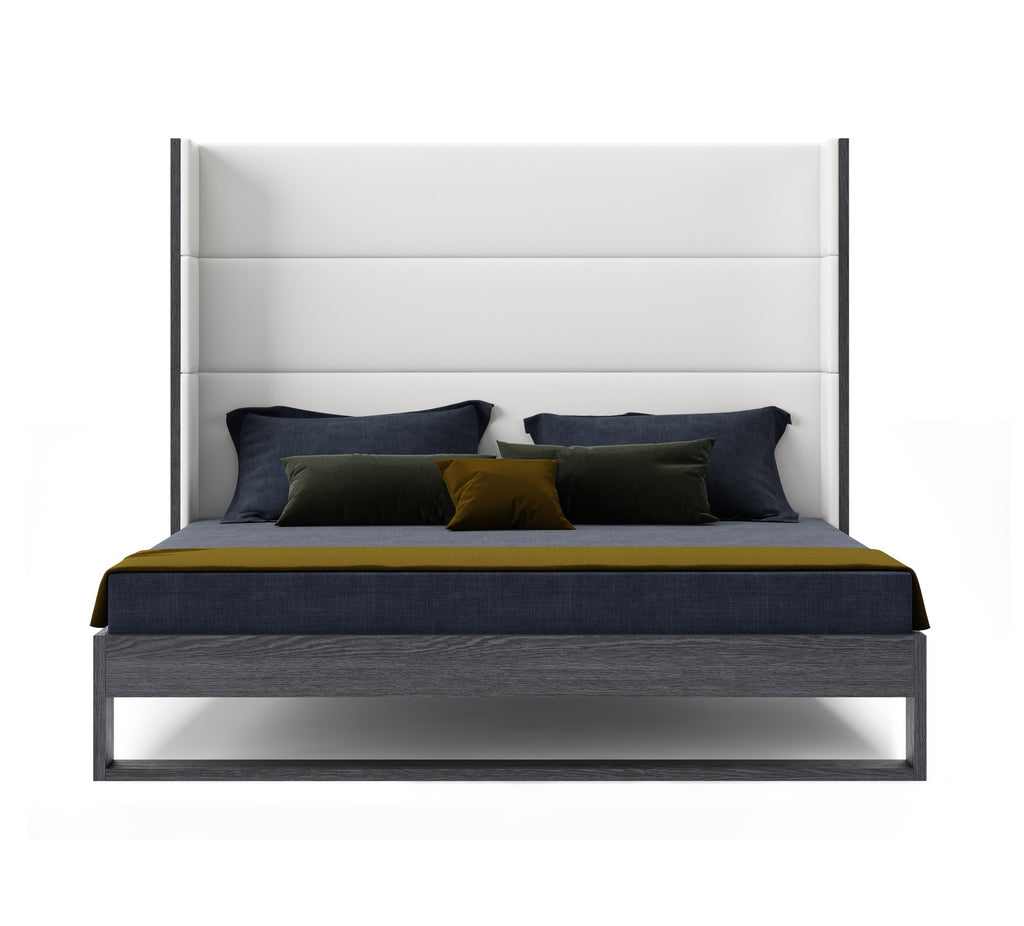 Heloise - Eastern King Contemporary White Leather & Grey Elm Trim Bed - Eastern King Contemporary White Leather & Grey Elm Trim Bed