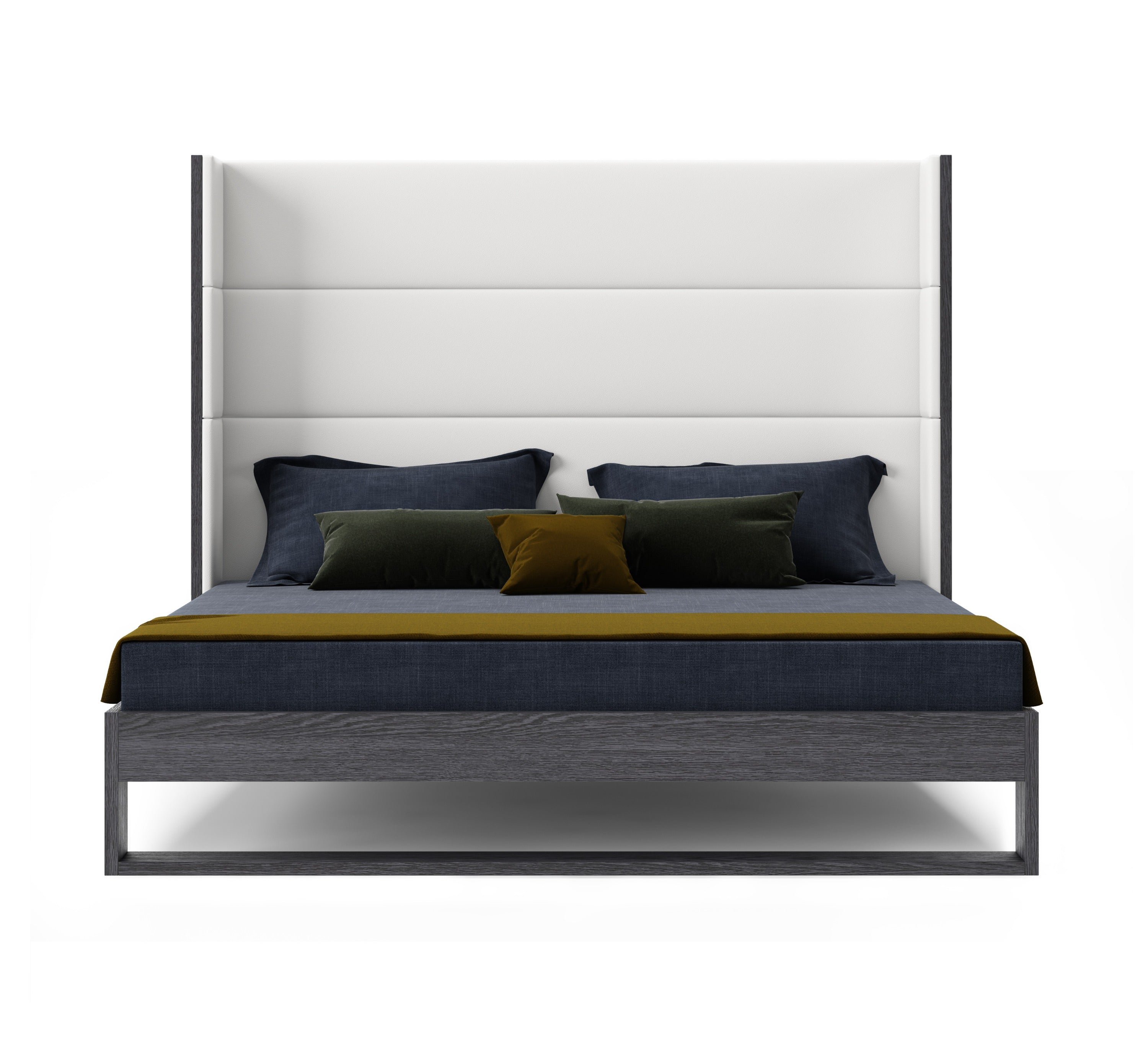 Heloise - Eastern King Contemporary White Leather & Grey Elm Trim Bed - Eastern King Contemporary White Leather & Grey Elm Trim Bed