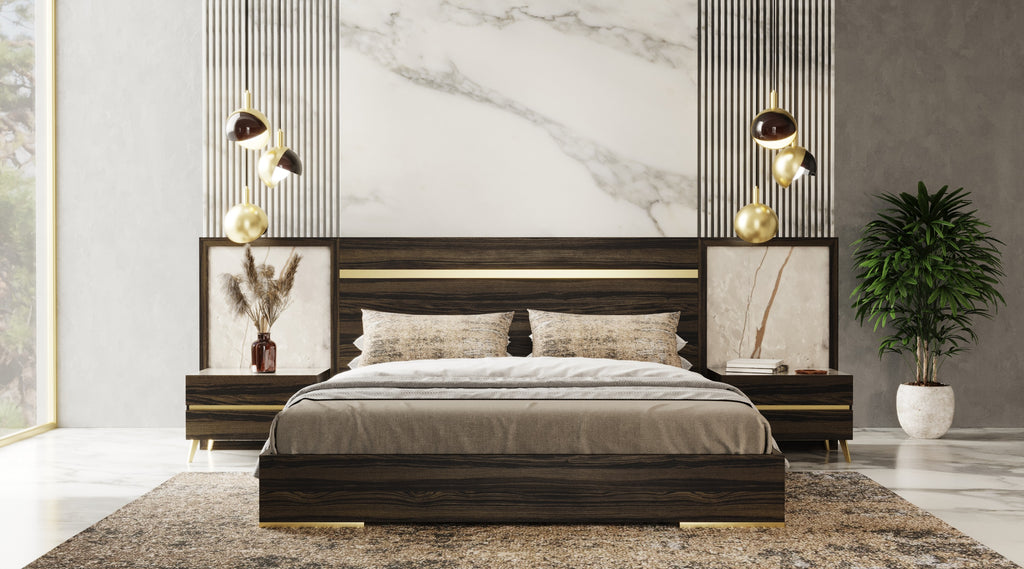 Velondra - Queen Modern Eucalypto + Marble Bed with Two Nightstands - Queen Modern Eucalypto + Marble Bed with Two Nightstands