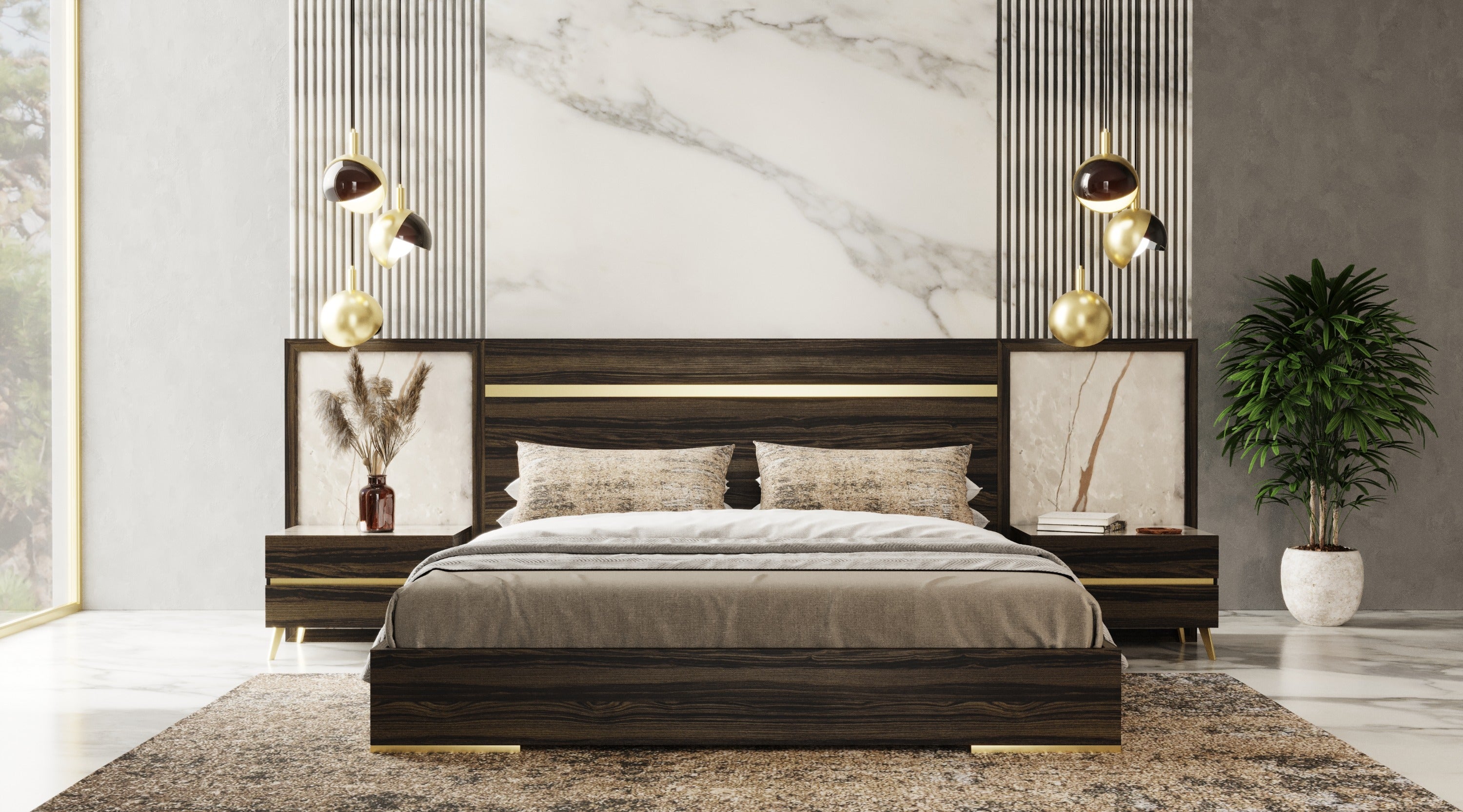 Velondra - Queen Modern Eucalypto + Marble Bed with Two Nightstands - Queen Modern Eucalypto + Marble Bed with Two Nightstands