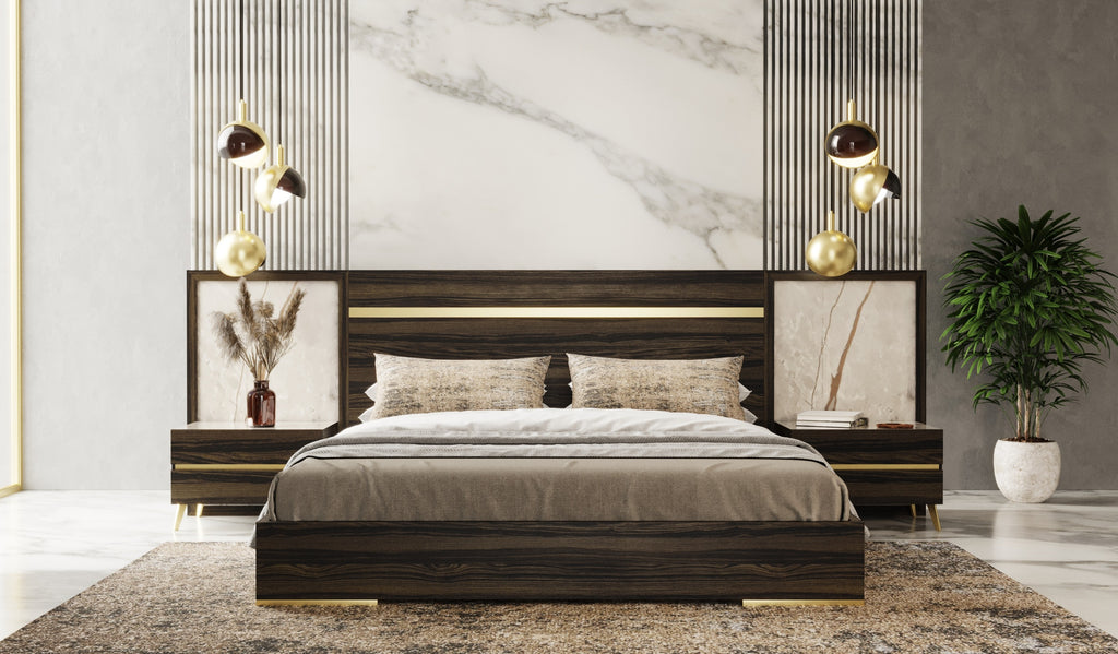 Velondra - Queen Modern Eucalypto + Marble Bed with Two Nightstands - Queen Modern Eucalypto + Marble Bed with Two Nightstands