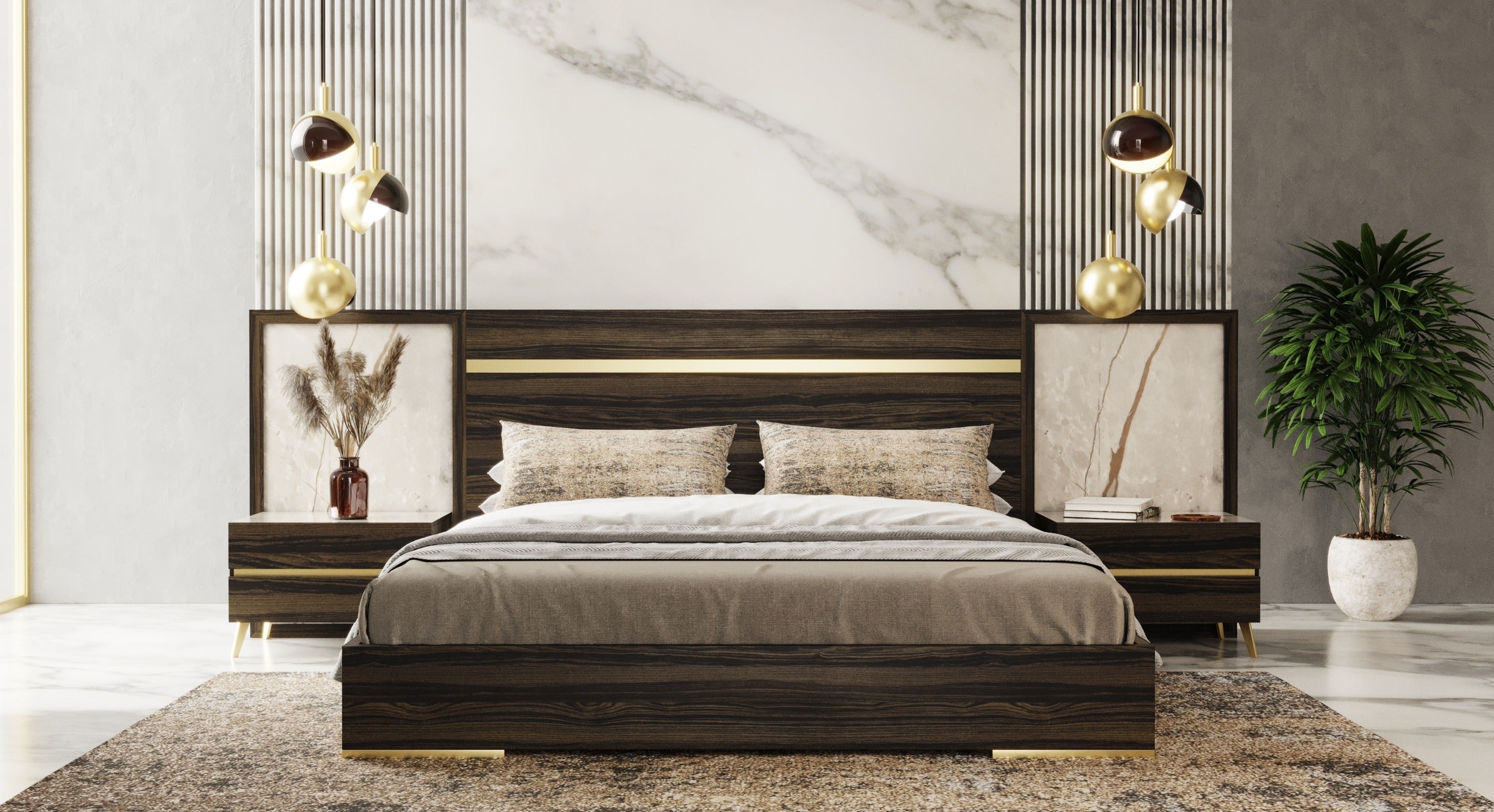 Velondra - Queen Modern Eucalypto + Marble Bed with Two Nightstands - Queen Modern Eucalypto + Marble Bed with Two Nightstands