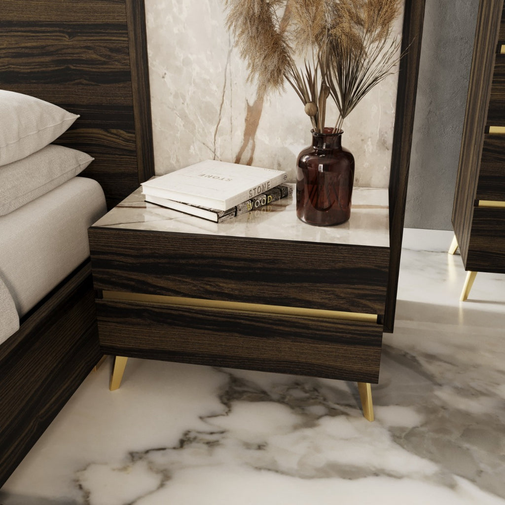 Velondra - Queen Modern Eucalypto + Marble Bed with Two Nightstands - Queen Modern Eucalypto + Marble Bed with Two Nightstands