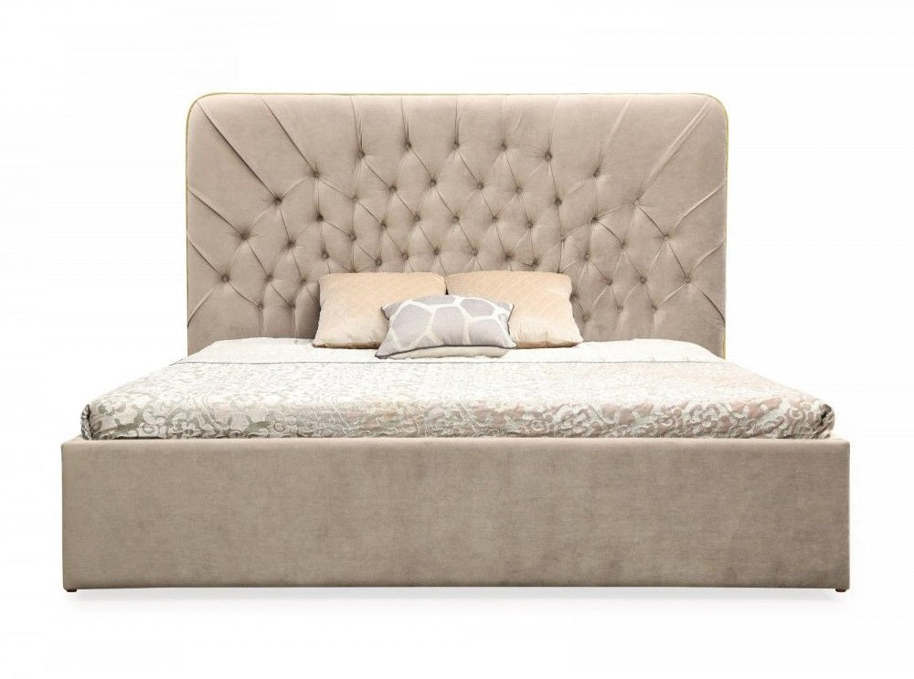 Moontide - Eastern King Glam Beige Velvet and Brushed Brass Bed - Eastern King Glam Beige Velvet and Brushed Brass Bed