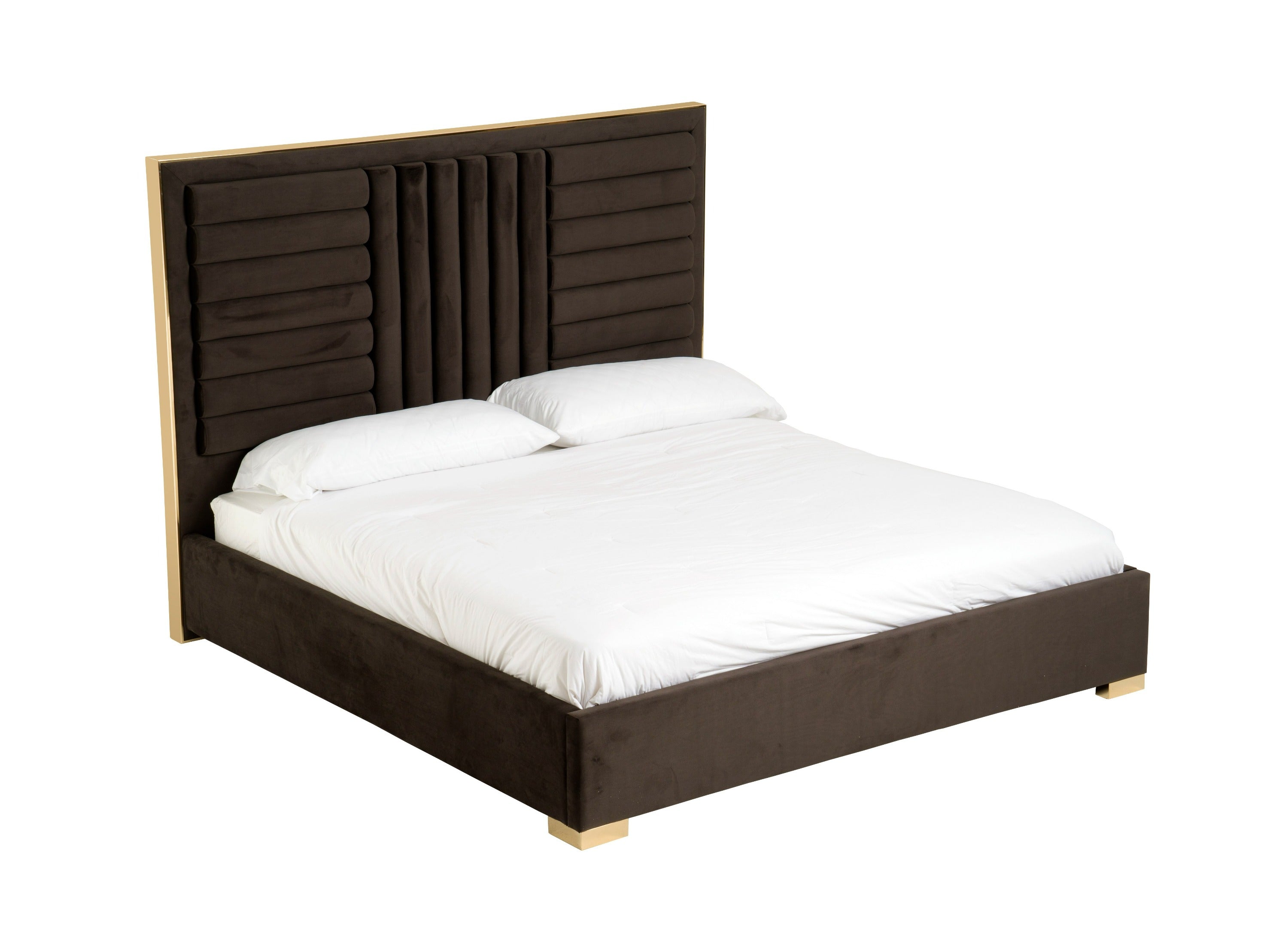 Daystar - Modern Dark Brown Velvet & Gold Bed - Modern Dark Brown Velvet & Gold Bed