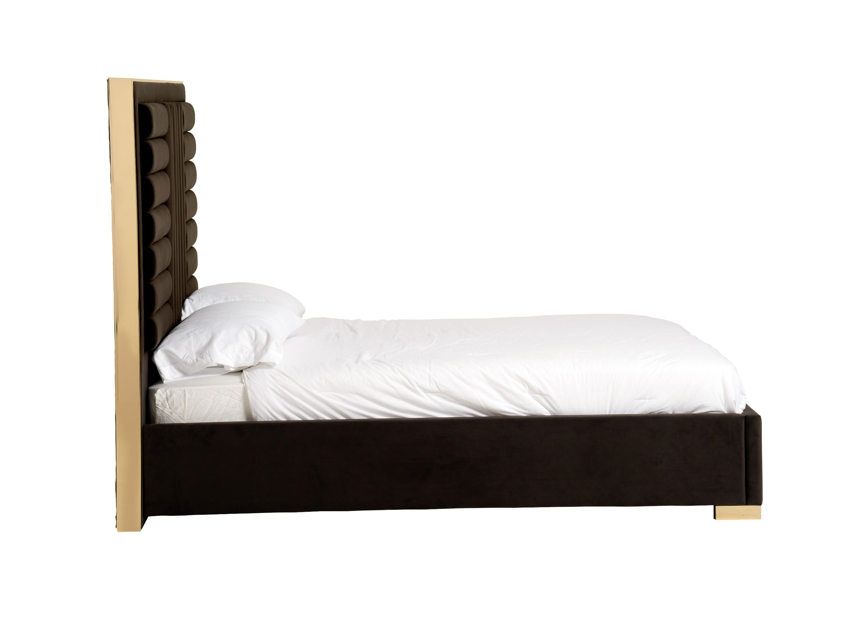 Daystar - Modern Dark Brown Velvet & Gold Bed - Modern Dark Brown Velvet & Gold Bed