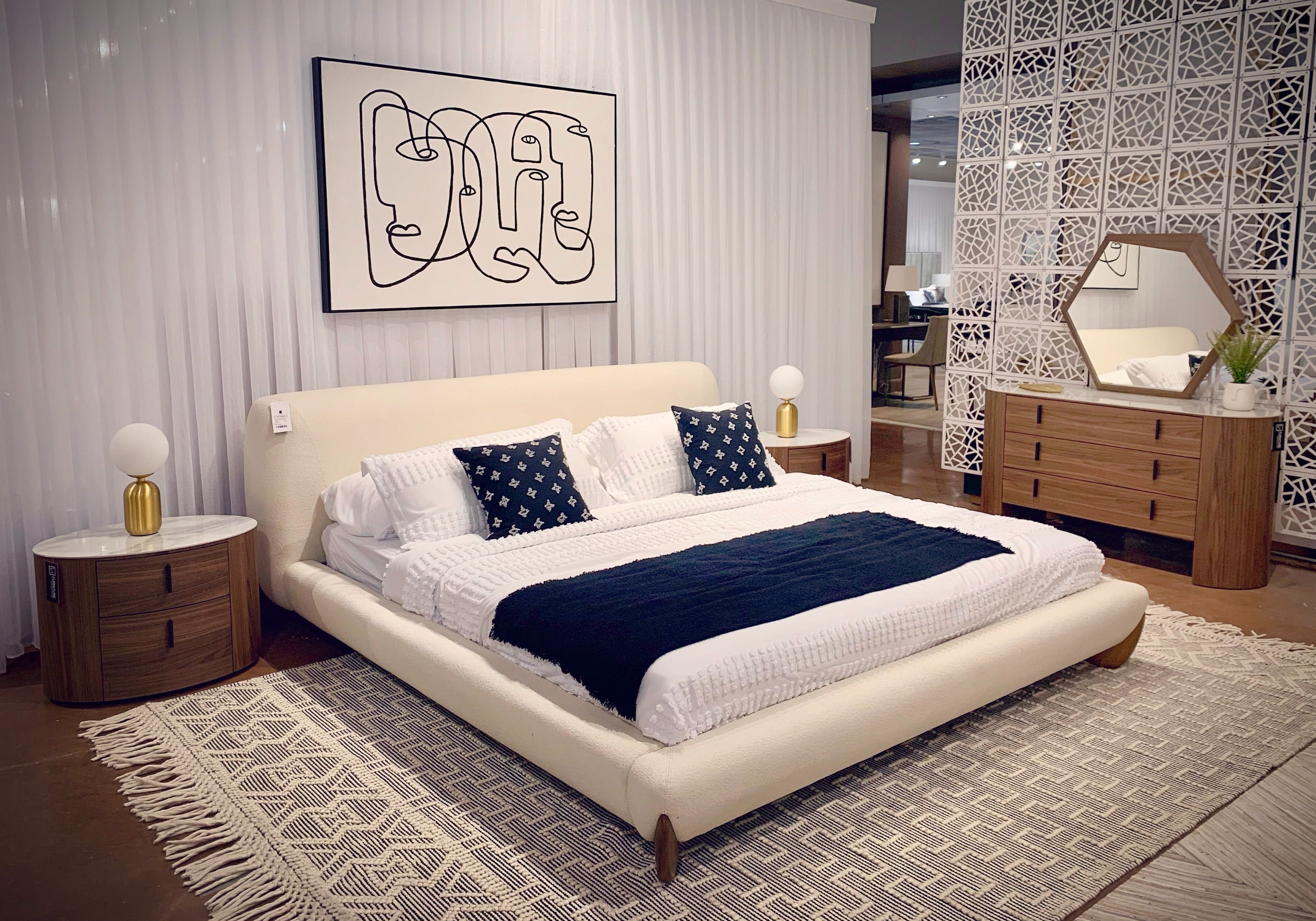 Fleury - Contemporary Cream Fabric and Walnut Bed - Contemporary Cream Fabric and Walnut Bed