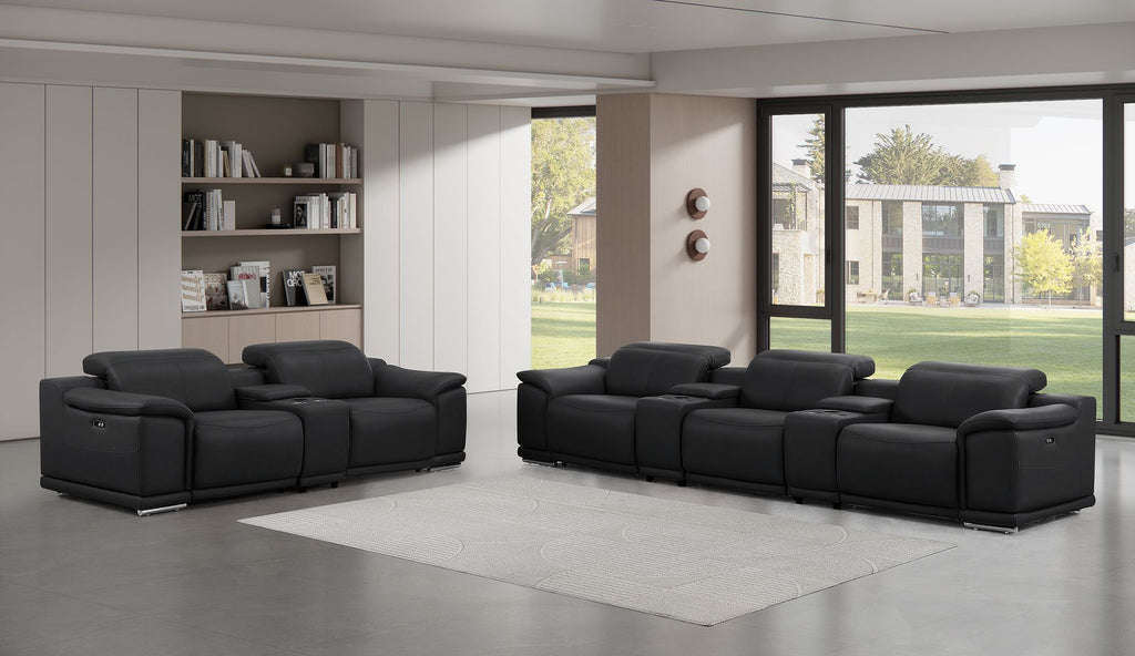 2679 Power Reclining Sofa and Loveseat in Genuine Leather - 5 Recliners with Power Headrests & 3 Consoles - Black - SKU 2679-BLACK-8.5-HT-2PC - view 2