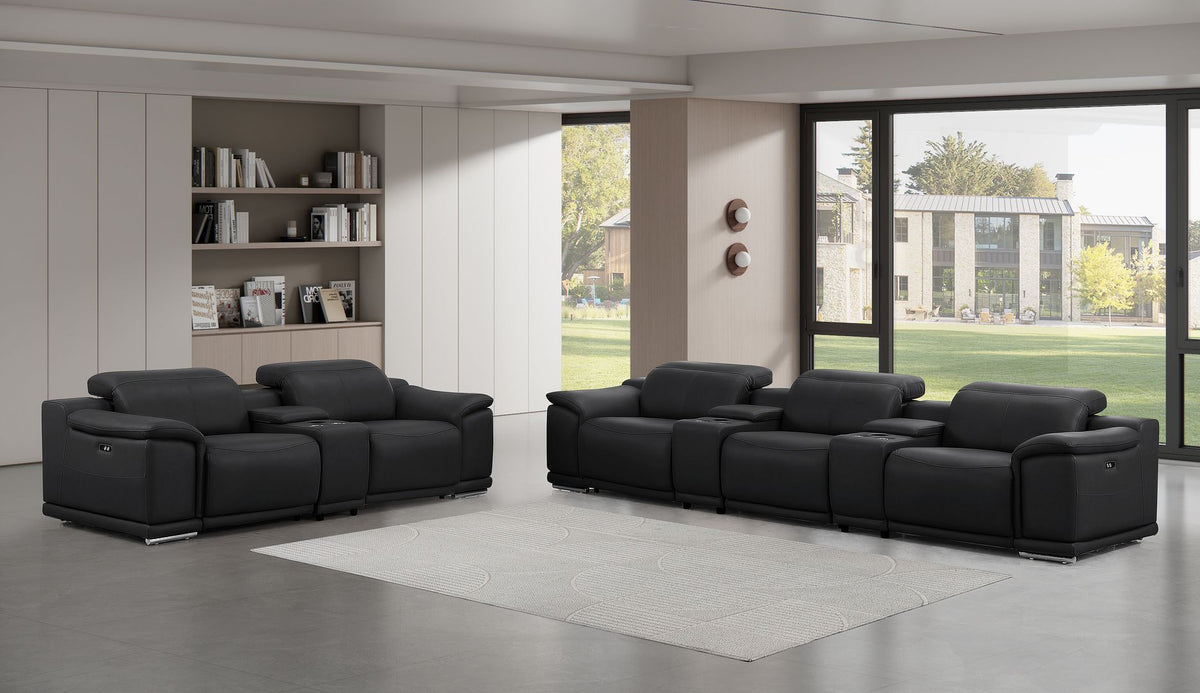 2679 Power Reclining Sofa and Loveseat in Genuine Leather - 5 Recliners with Power Headrests & 3 Consoles - Black - SKU 2679-BLACK-8.5-HT-2PC - view 2