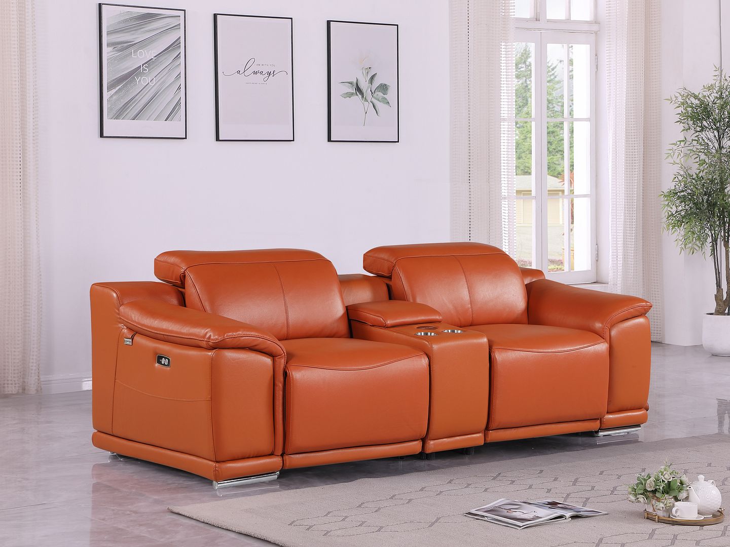 9762 Divanitalia 3-Piece Modular Power Reclining Console Loveseat with 2 Power Recliners in Top Grain Italian Leather - Camel