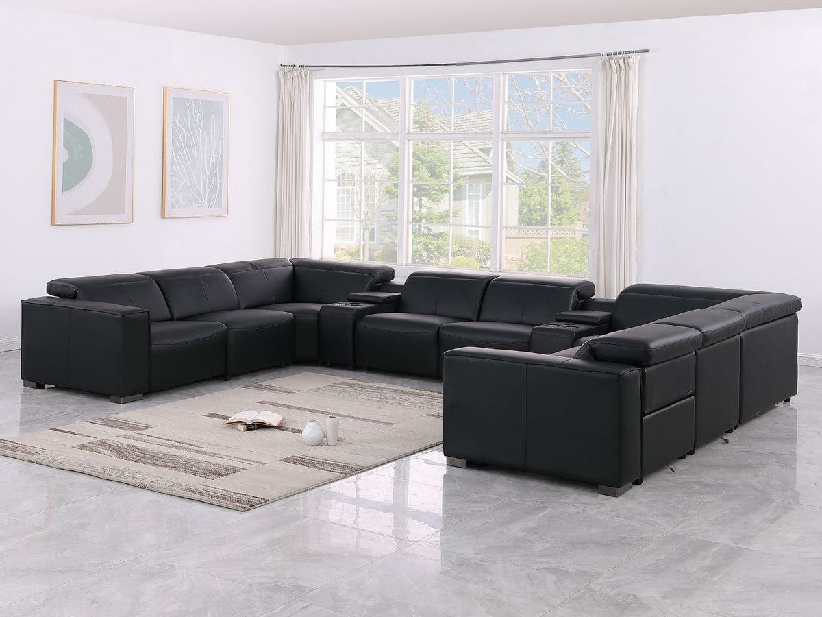1208 10 Piece U-Shaped Leather Sectional Sofa with 4 Power Recliners & Power Headrest - Black - SKU 1208-BLACK-10PC-4PWR-U-SECTIONAL-GROUP