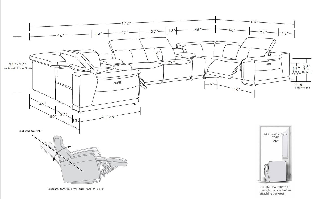 9762 Divanitalia 8-Piece U-Shaped Top Grain Italian Leather Sectional Sofa with 2 Power Recliners - Cognac - SKU 9762-COGNAC-8PC-2PWR-U-SECTIONAL-GROUP - view 17