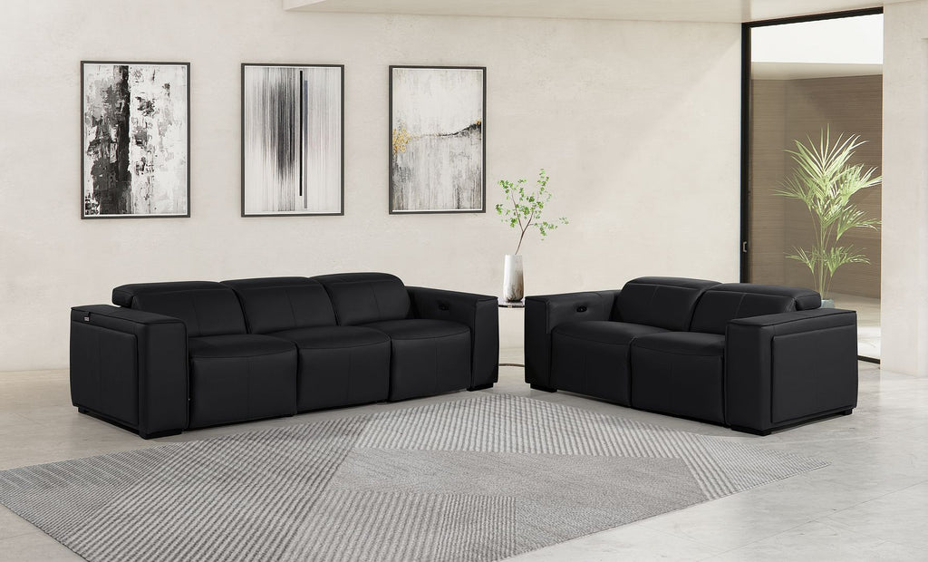 1224 Divanitalia 5-Piece Modular Power Reclining Sofa and Loveseat Set in Top Grain Italian Leather with 4 Power Recliners & Power Headrests - Black